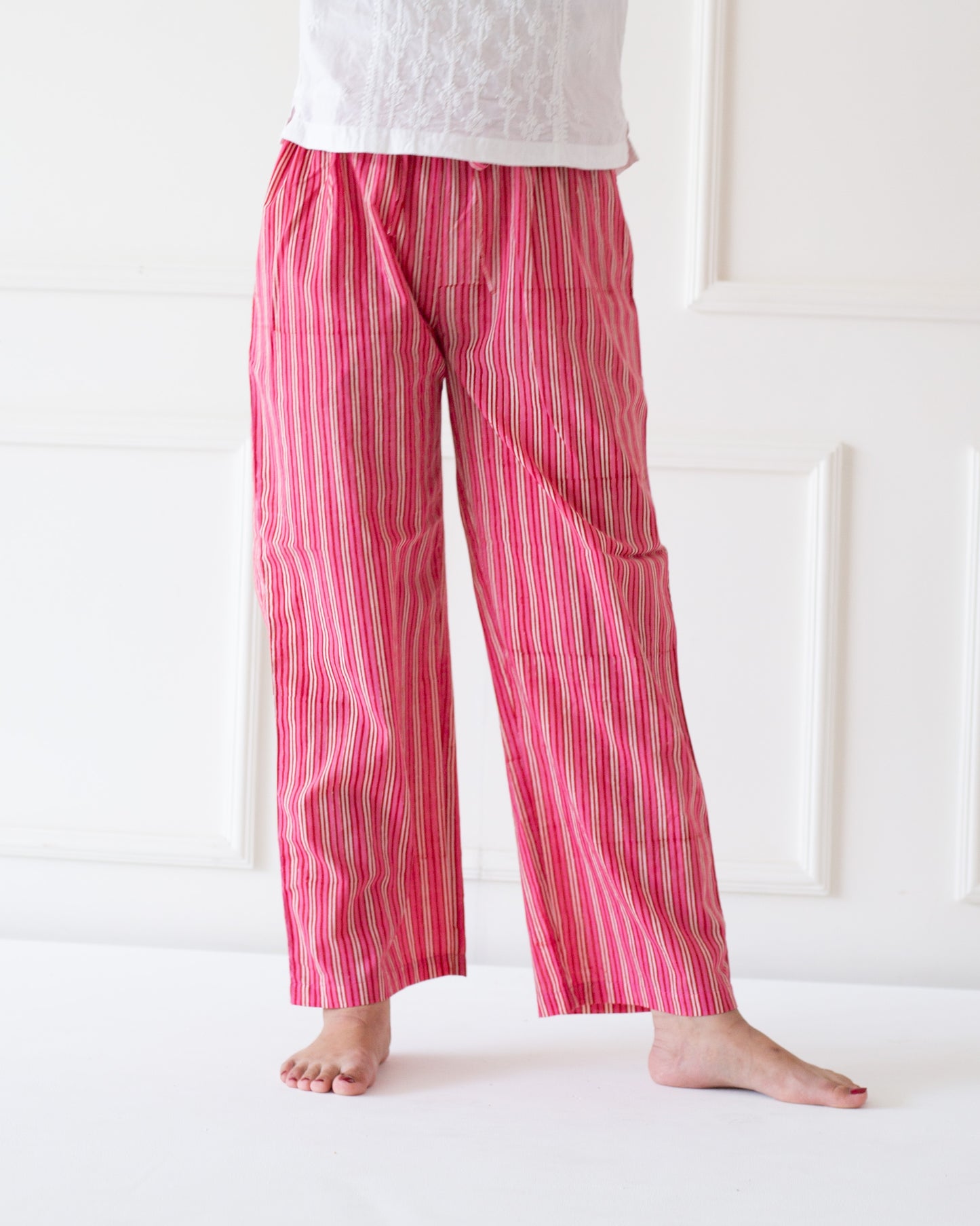 ブロックプリント イージーパンツ Pink stripe