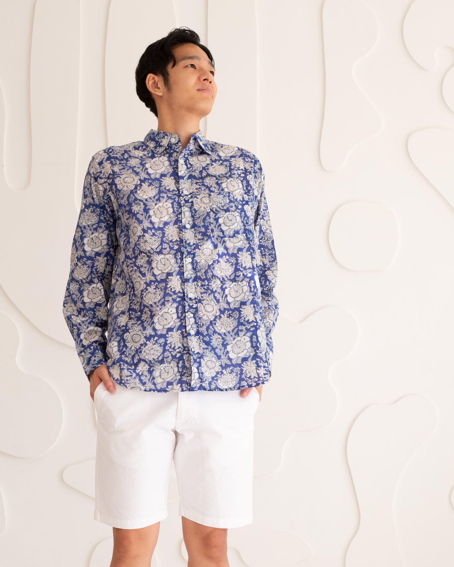 ブロックプリント ユニセックス ロングスリーブシャツ Cobalt blue