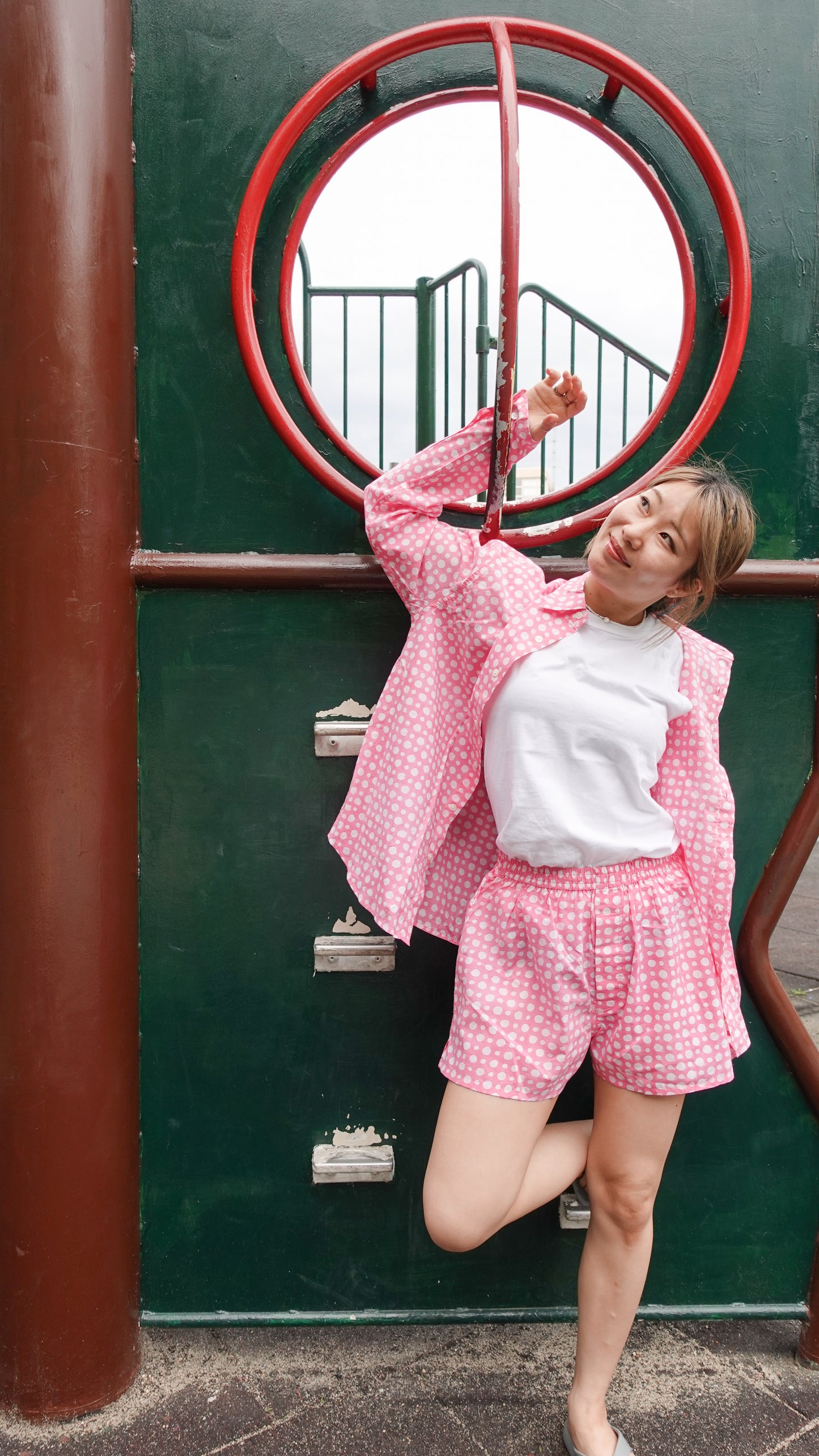 ブロックプリント ユニセックス ロングスリーブシャツ 【Mサイズ】Pink dot