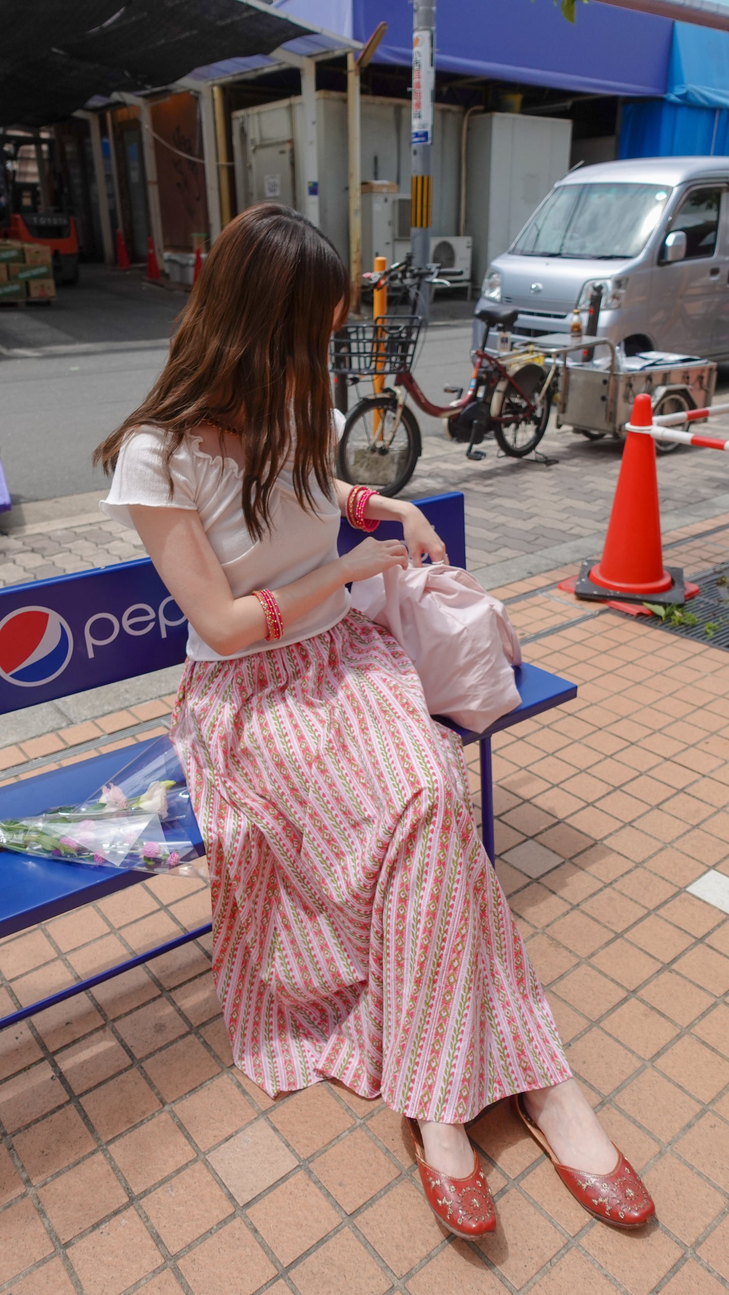 ブロックプリント ボリュームギャザースカート Pink stripe flower