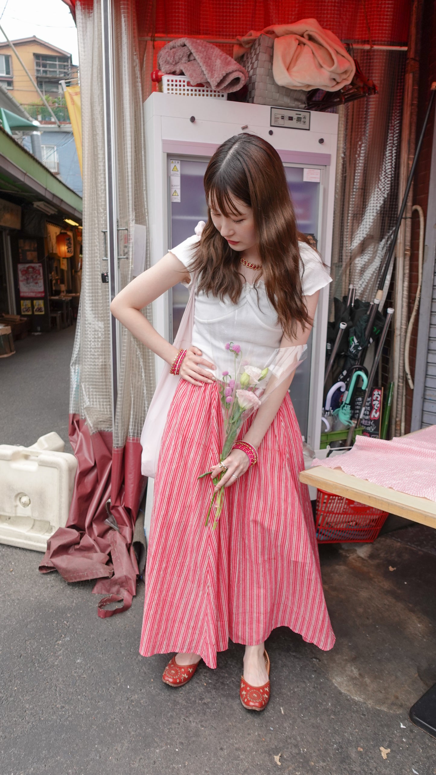ブロックプリント ボリュームギャザースカート Pink Stripe