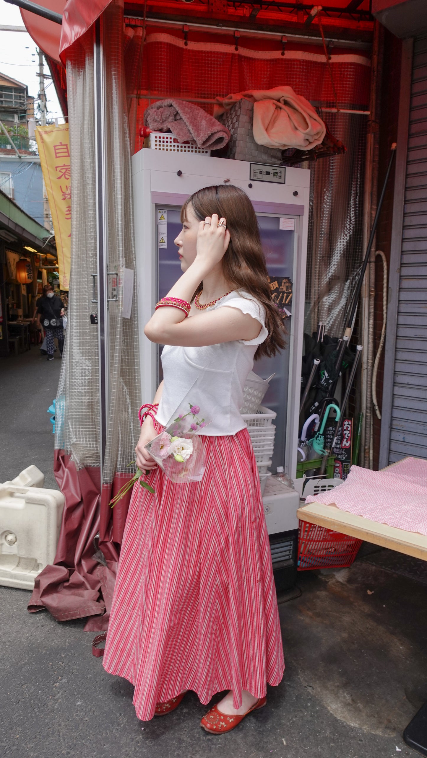 ブロックプリント ボリュームギャザースカート Pink Stripe