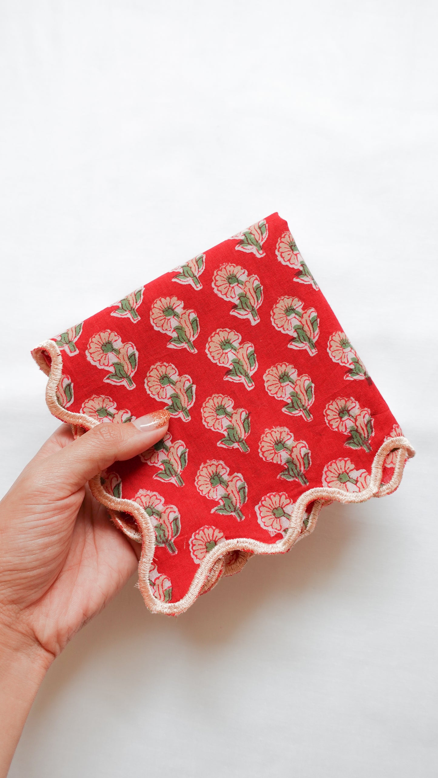 ブロックプリント ウェーブ刺繍ハンカチ Geranium