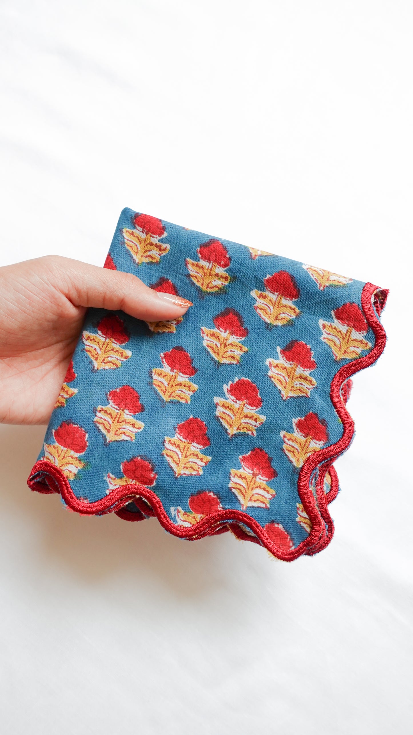 ブロックプリント ウェーブ刺繍ハンカチ Dahlia