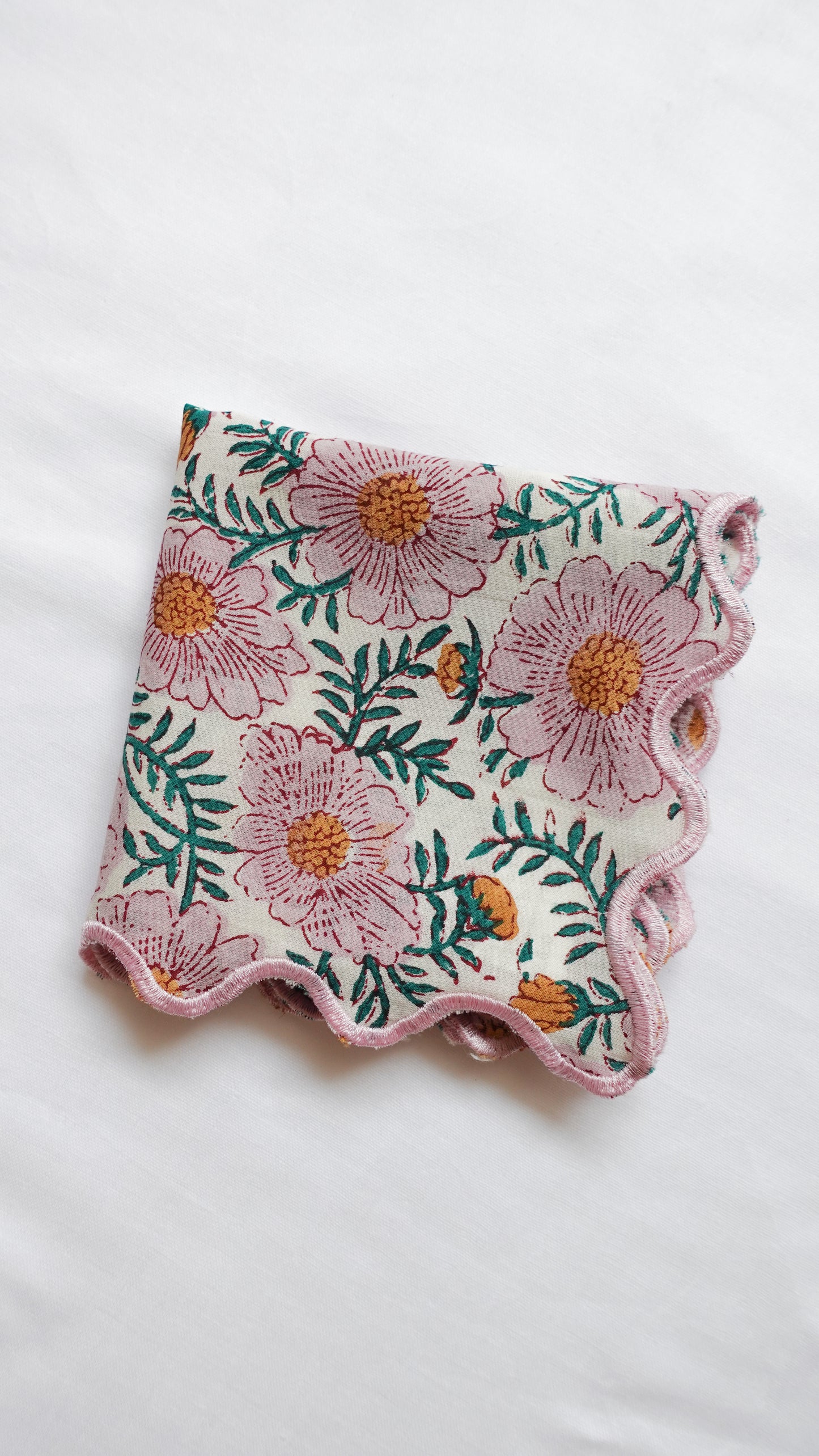 ブロックプリント ウェーブ刺繍ハンカチ Daisy