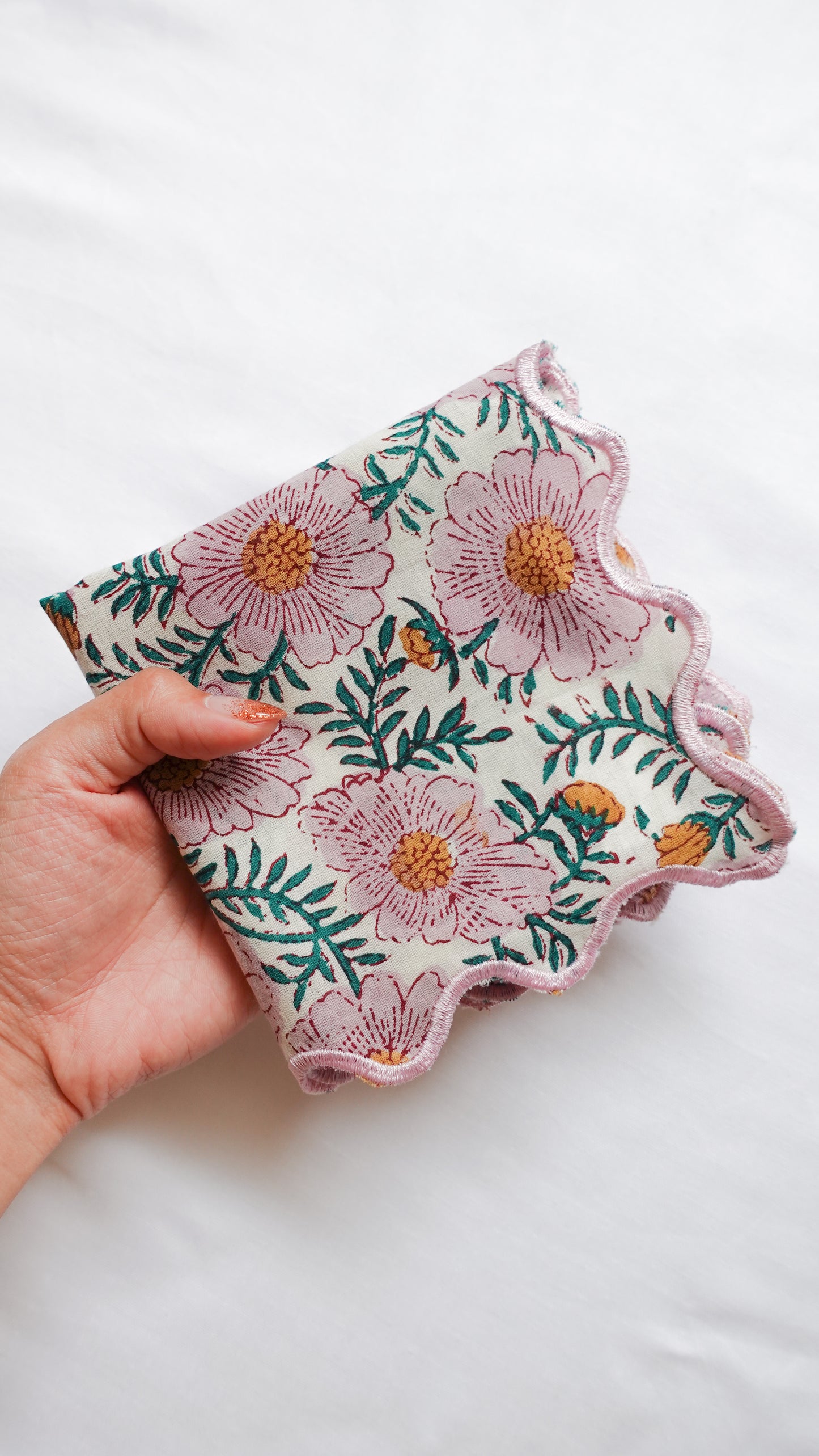 ブロックプリント ウェーブ刺繍ハンカチ Daisy