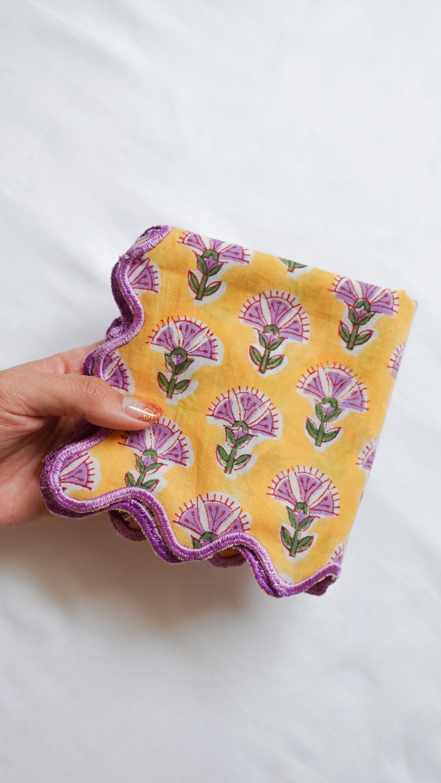 ブロックプリント ウェーブ刺繍ハンカチ Himeshaga