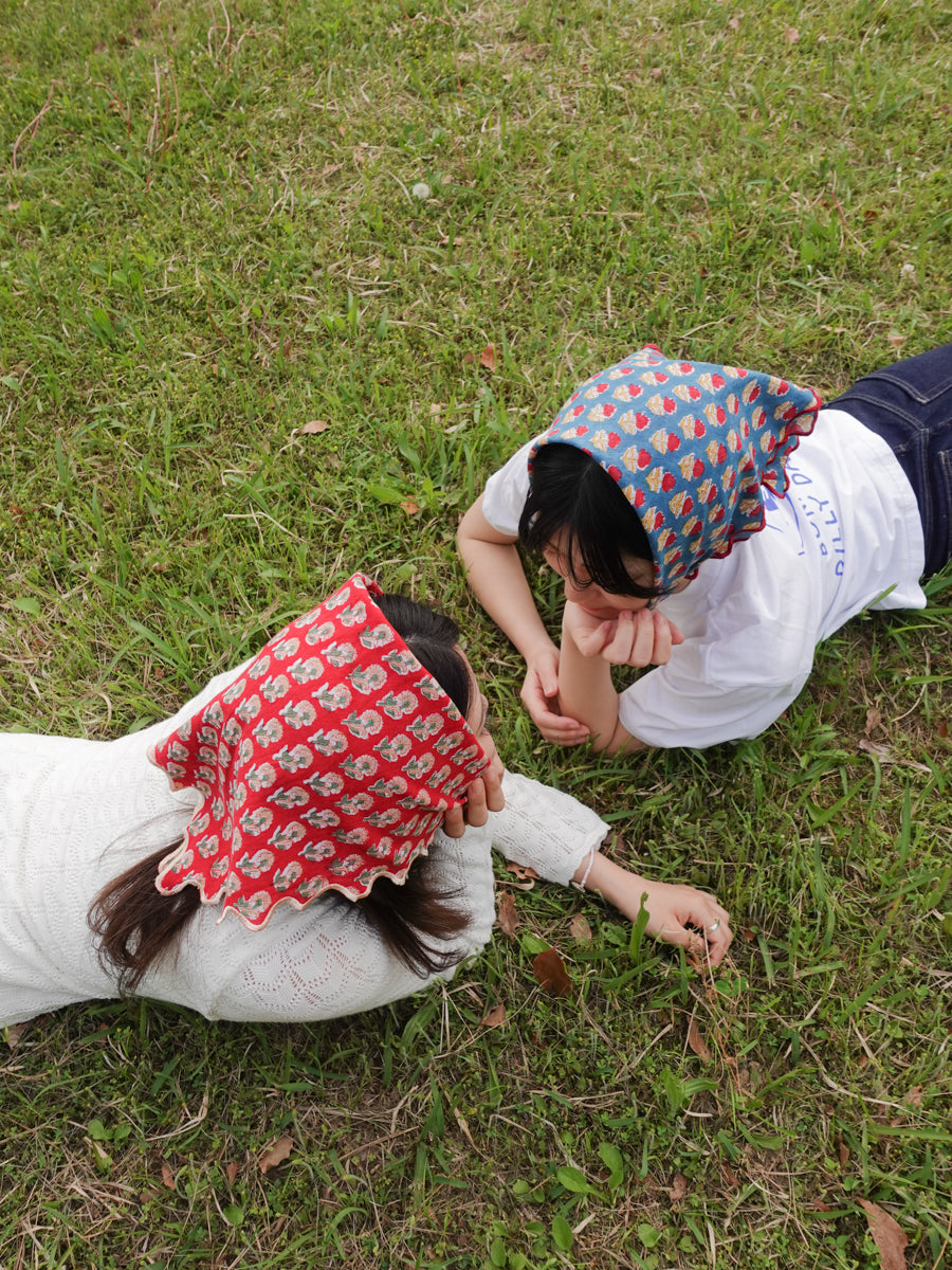 ブロックプリント ウェーブ刺繍ハンカチ Dahlia