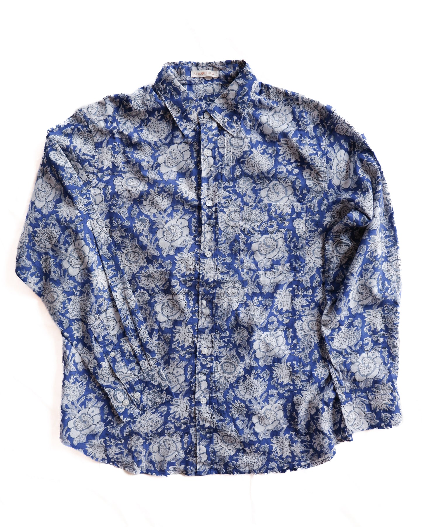 ブロックプリント ユニセックス ロングスリーブシャツ Cobalt blue