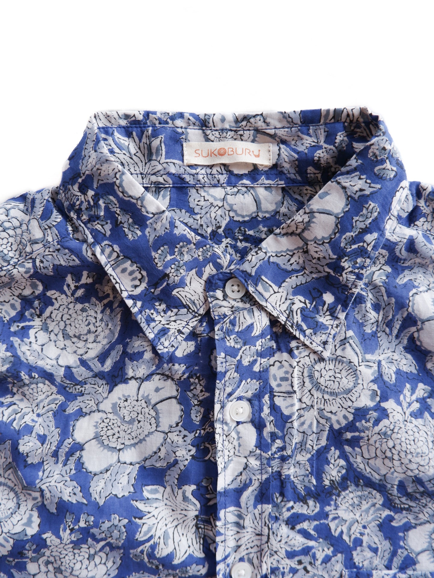 ブロックプリント ユニセックス ロングスリーブシャツ Cobalt blue
