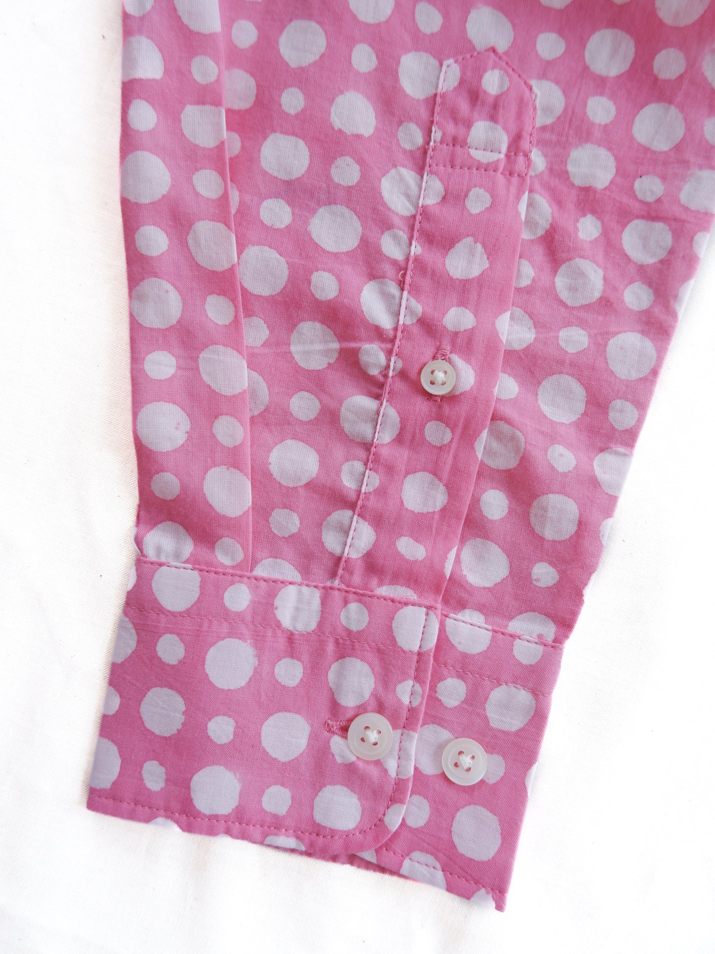 ブロックプリント ユニセックス ロングスリーブシャツ 【Mサイズ】Pink dot