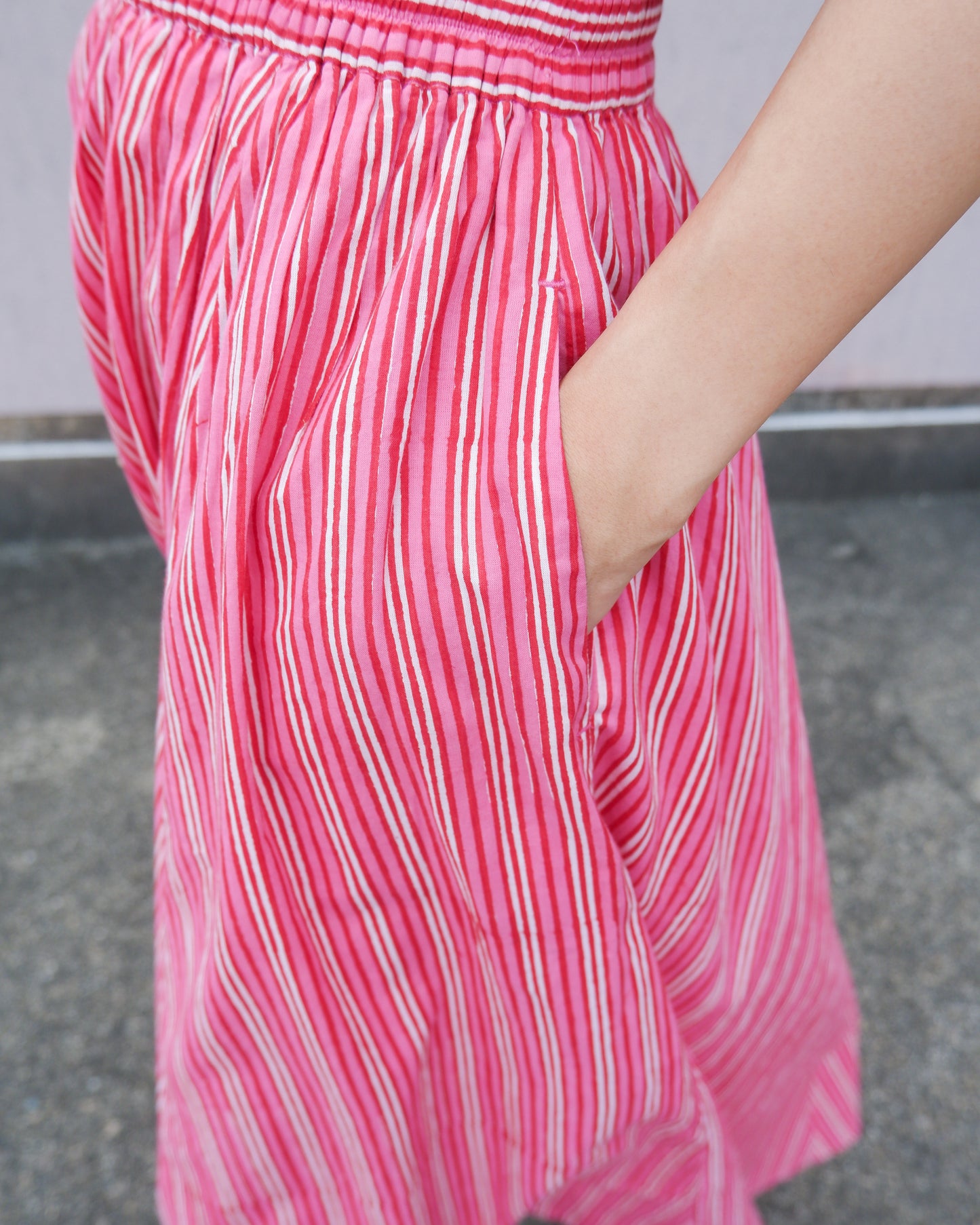ブロックプリント ボリュームギャザースカート Pink Stripe
