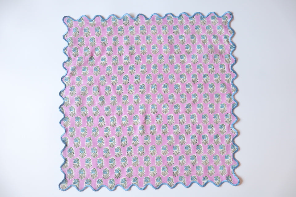 ブロックプリント ウェーブ刺繍ハンカチ Bluebell