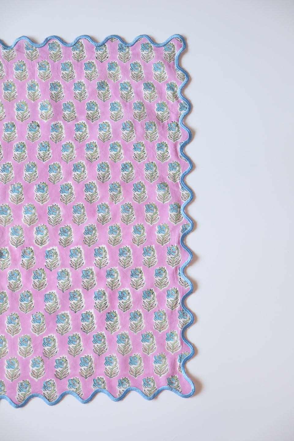 ブロックプリント ウェーブ刺繍ハンカチ Bluebell