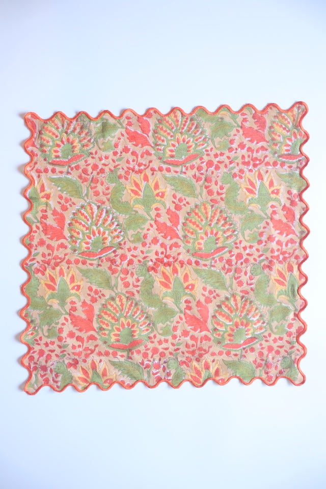 ブロックプリント ウェーブ刺繍ハンカチ Citrus