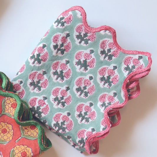 ブロックプリント ウェーブ刺繍ハンカチ Piony