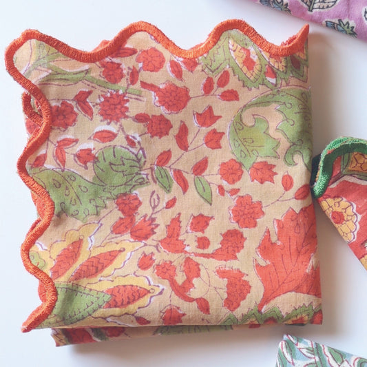 ブロックプリント ウェーブ刺繍ハンカチ Citrus