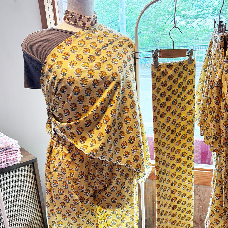 ブロックプリント スカーフ【90×90cm】Yellow