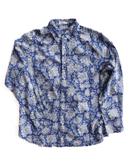 ブロックプリント ユニセックス ロングスリーブシャツ 【Lサイズ】Cobalt blue