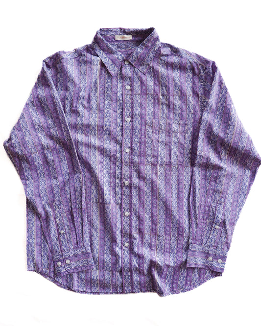 ブロックプリント ユニセックス ロングスリーブシャツ 【Lサイズ】 Purple flower stripe
