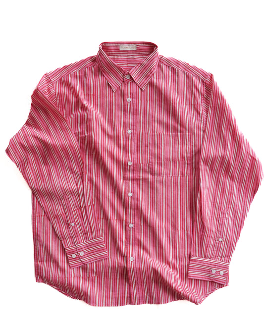 ブロックプリント ユニセックス ロングスリーブシャツ 【Lサイズ】Pink Stripe