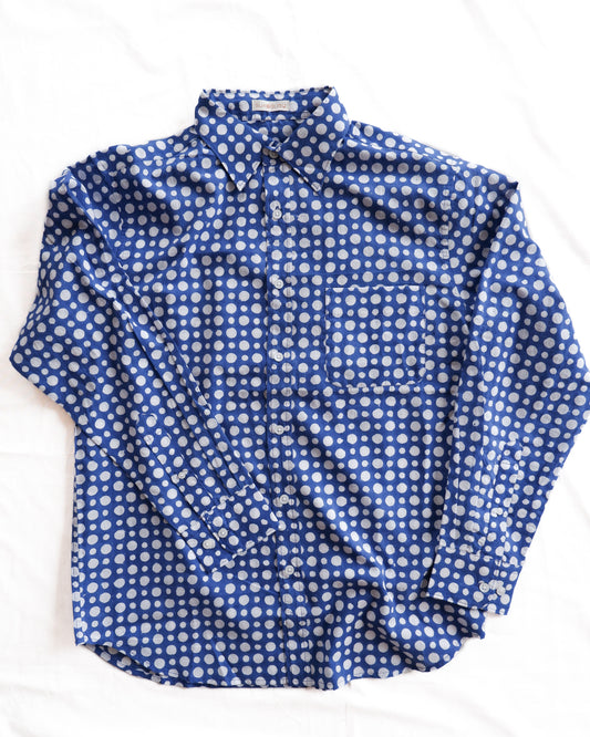 ブロックプリント ユニセックス ロングスリーブシャツ 【Mサイズ】Blue dot
