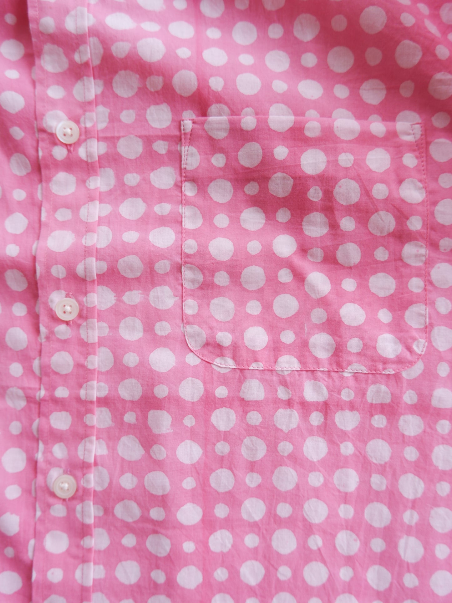 ブロックプリント ユニセックス ロングスリーブシャツ 【Mサイズ】Pink dot