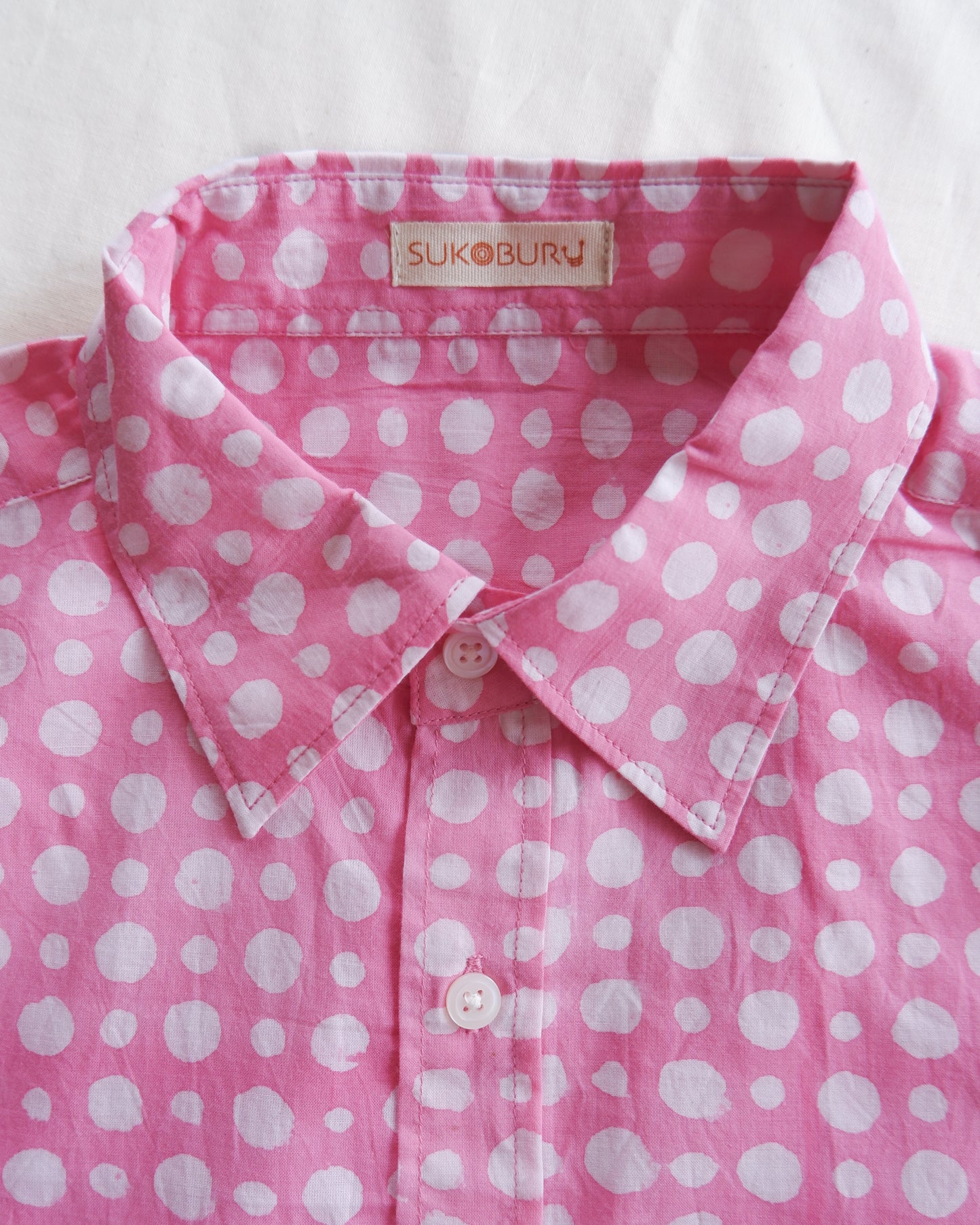 ブロックプリント ユニセックス ロングスリーブシャツ 【Mサイズ】Pink dot