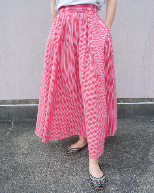 ブロックプリント ボリュームギャザースカート Pink Stripe