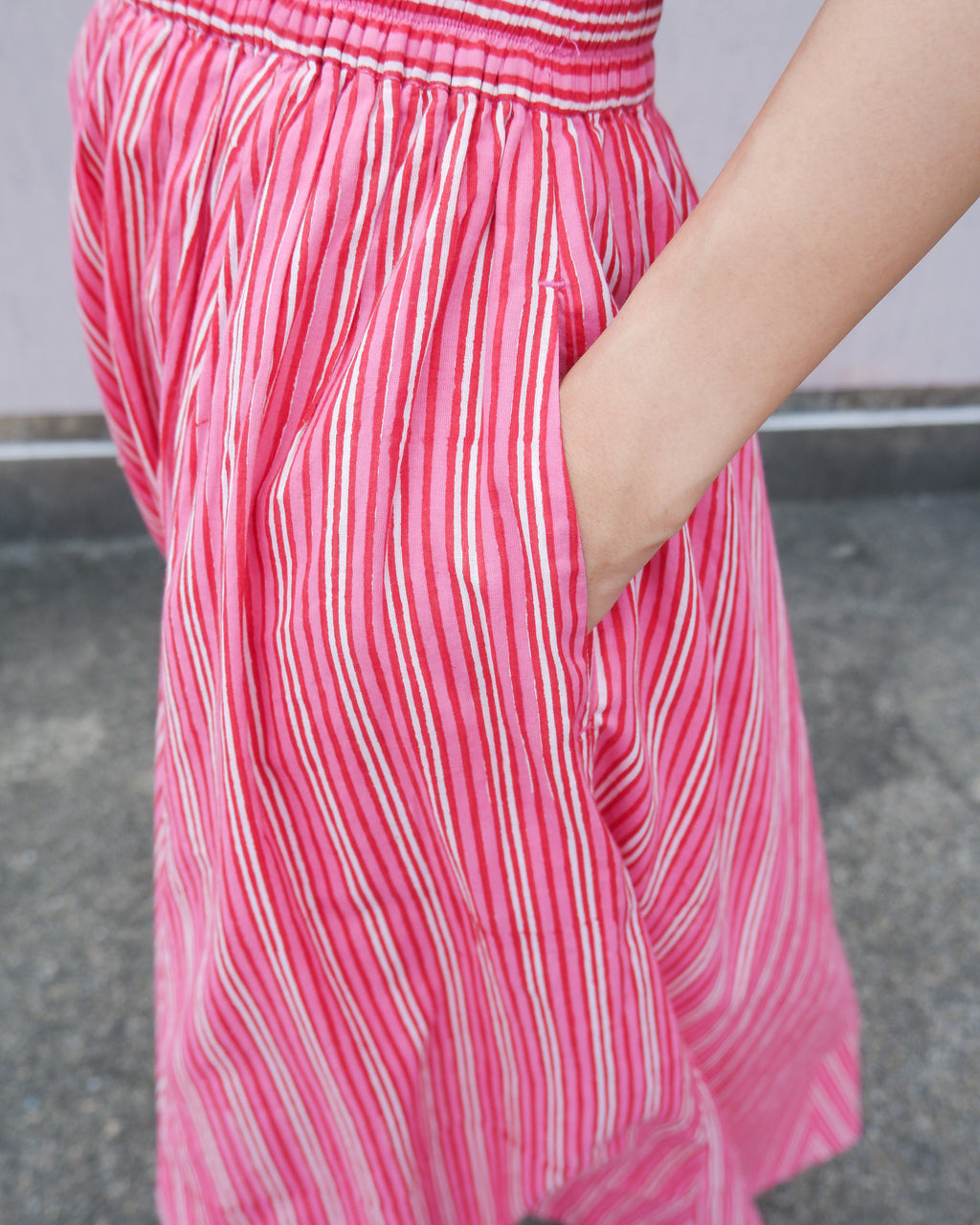 Block Print Volume Gathered Skirt Pink Stripe
