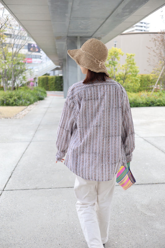 ブロックプリント ユニセックス ロングスリーブシャツ 【Lサイズ】Elegant stripe
