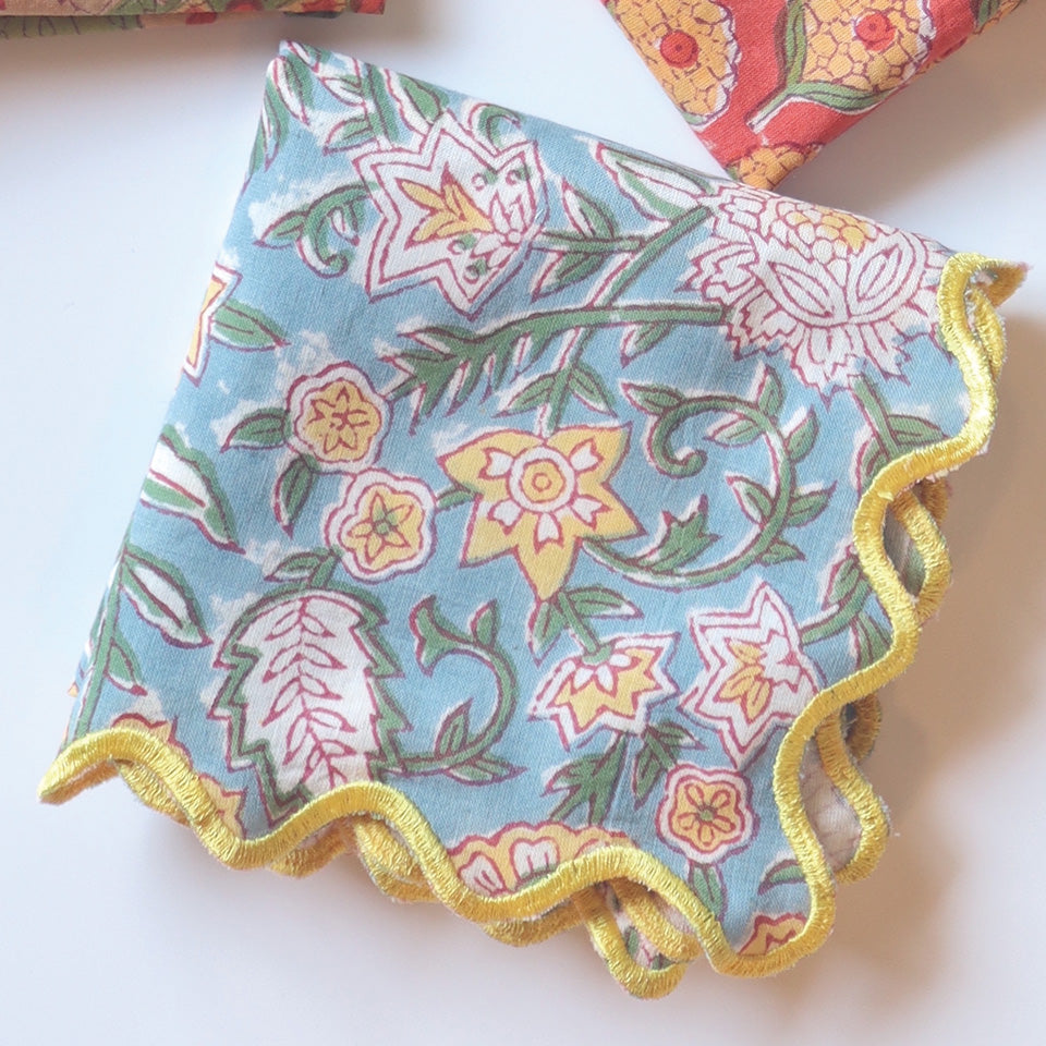 ブロックプリント ウェーブ刺繍ハンカチ Sunflower