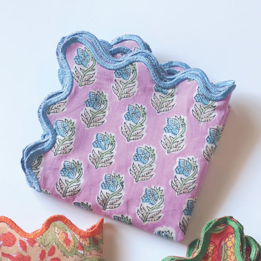 ブロックプリント ウェーブ刺繍ハンカチ Purple